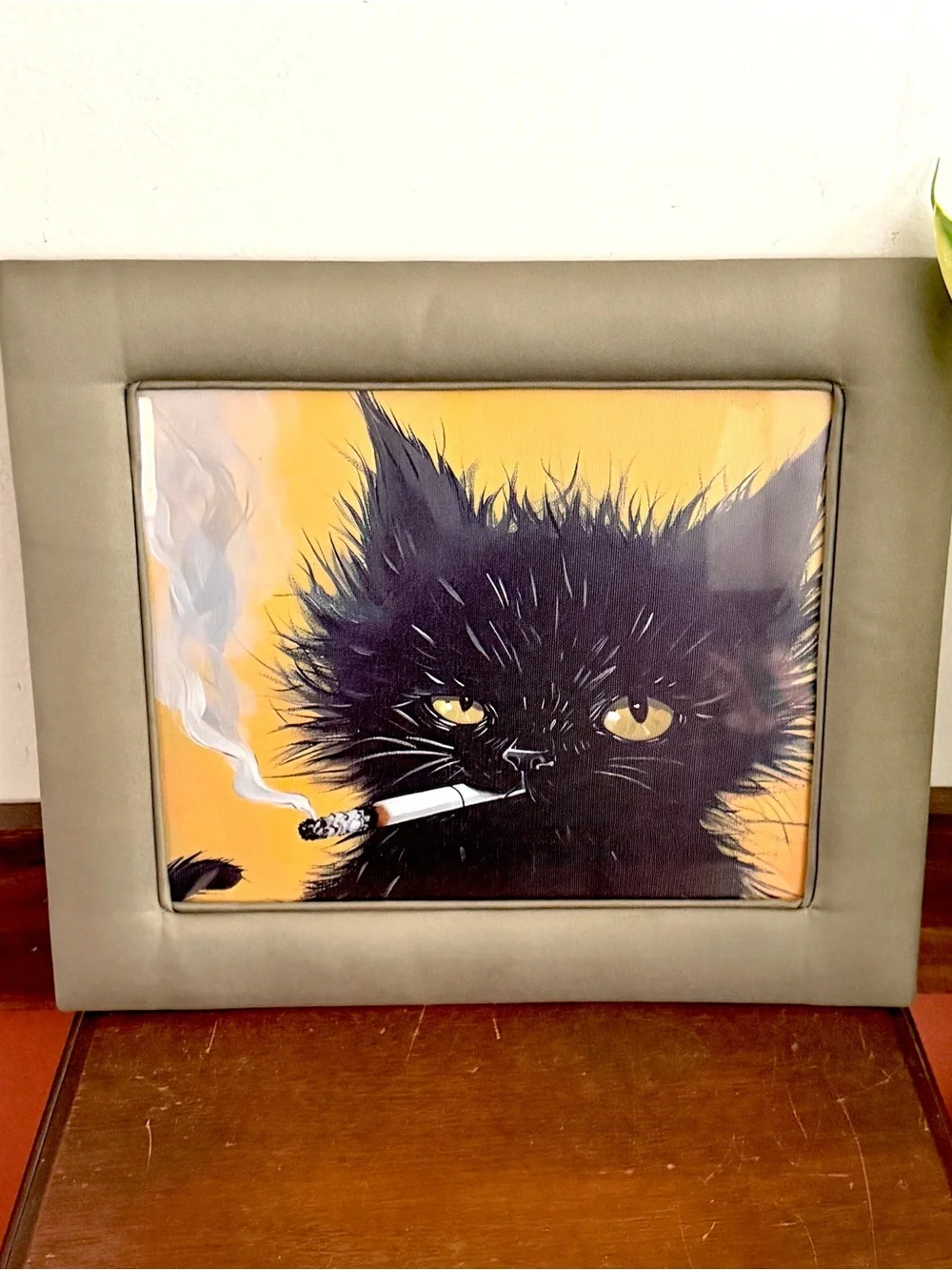 Disheveled Black Cat Smoking a Cigarette Olive Fabric Framed Canvas Art Print